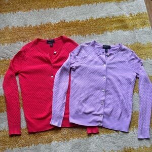 Set of 2 Lands End Womens XS Cardigans Cotton Diamond - Berry Rouge & True Lilac